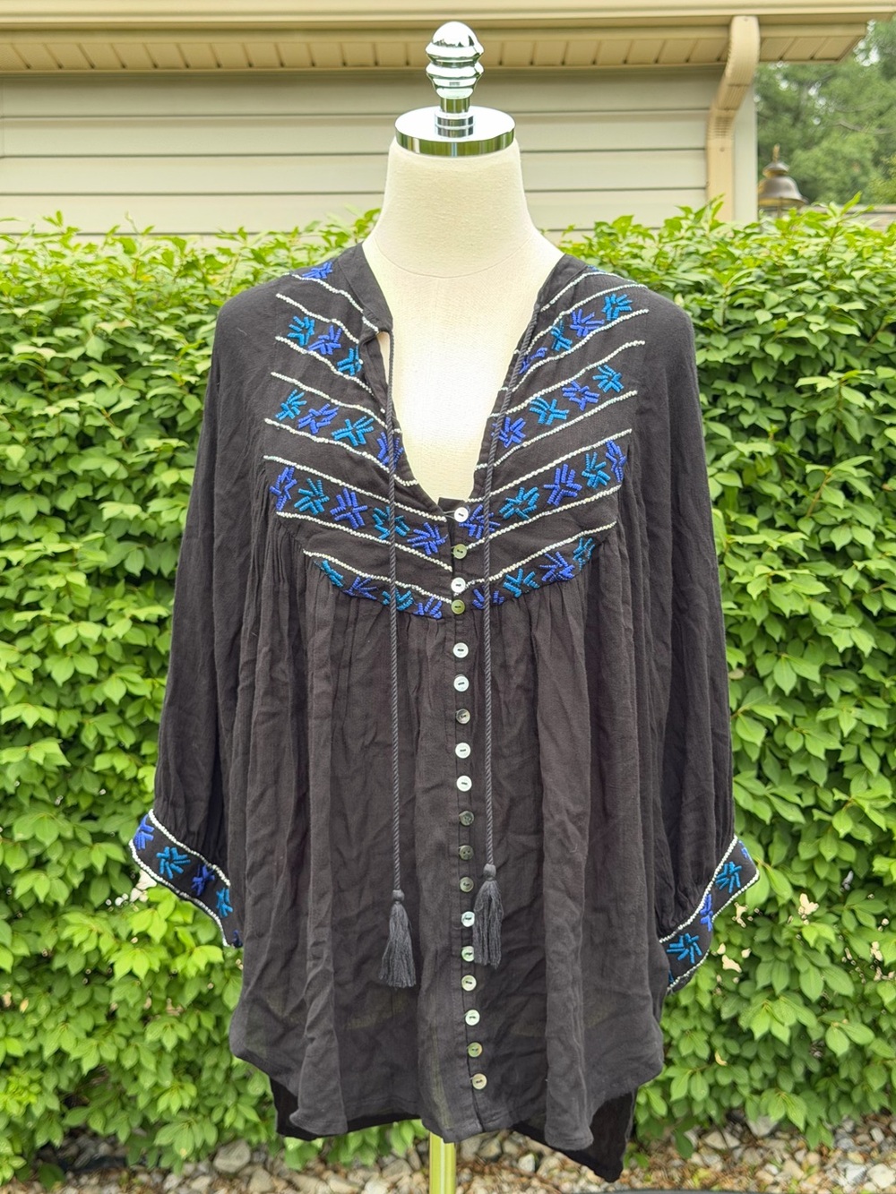Free People Embroidered Boho Tunic Top Black Blue Festival Peasant Indie Artisan